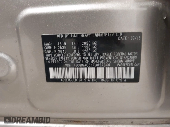 2015 Subaru Legacy Premium with VIN 4S3BNAC61F3057640, listed as a IAAI auction lot 42536488 with 135,610 mi miles and . Bid and sale history available at DreamBid. Image 9.