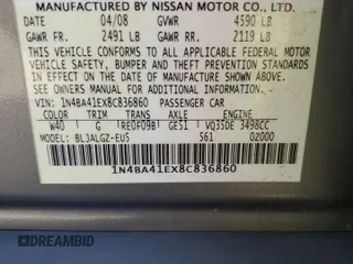 2008 Nissan Maxima 3.5 SL with VIN 1N4BA41EX8C836860, listed as a Copart auction lot 73233824 with 0 mi miles and Salvage Title. Bid and sale history available at carsss.com. Image 15.