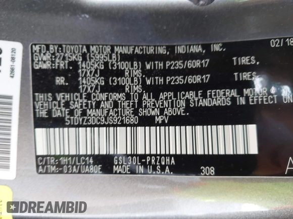 2018 Toyota Sienna XLE Auto Access Seat with VIN 5TDYZ3DC9JS921680, listed as a IAAI auction lot 42271593 with 141,417 mi miles and . Bid and sale history available at DreamBid. Image 9.