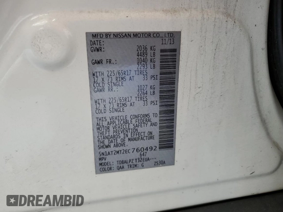 2014 Nissan Rogue SV with VIN 5N1AT2MT2EC760492, listed as a Copart auction lot 51298075 with 131,996 mi miles and Salvage Title. Bid and sale history available at carsss.com. Image 13.