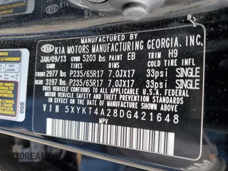 2013 Kia Sorento LX с VIN 5XYKT4A28DG421648, выставлен на аукционе Copart как лот 55887275 с пробегом 173 113 миль миль и Списание • Salvage title. История ставок и продаж доступна на DreamBid. Изображение 13.