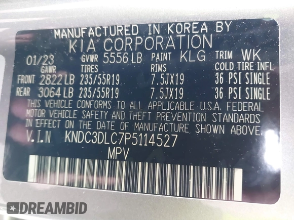 2023 Kia EV6 Wind with VIN KNDC3DLC7P5114527, listed as a IAAI auction lot 41665100 with 8,313 mi miles and . Bid and sale history available at DreamBid. Image 9.