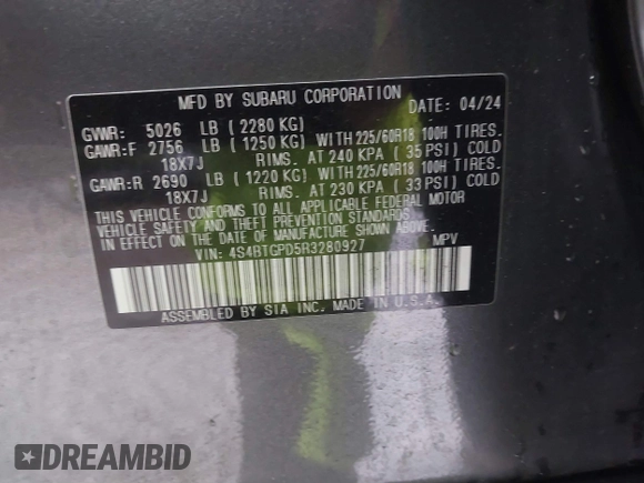 2024 Subaru Outback Touring XT с VIN 4S4BTGPD5R3280927, выставлен на аукционе IAAI как лот 41192427 с пробегом 13 150 миль миль и . История ставок и продаж доступна на DreamBid. Изображение 9.