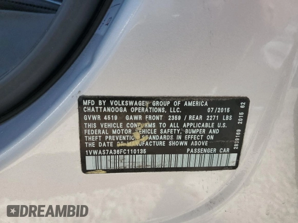 2015 Volkswagen Passat Wolfsburg Edition with VIN 1VWAS7A36FC110135, listed as a Copart auction lot 61097945 with 111,284 mi miles and Salvage title. Bid and sale history available at DreamBid. Image 12.