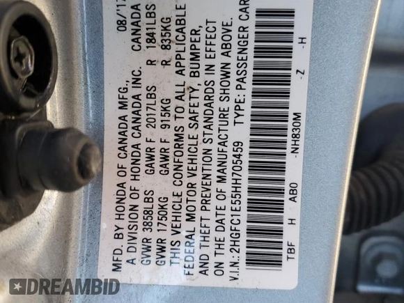 2017 Honda Civic Sedan Si with VIN 2HGFC1E55HH705459, listed as a Copart auction lot 46240865 with 68,571 mi miles and Salvage Title. Bid and sale history available at carsss.com. Image 12.