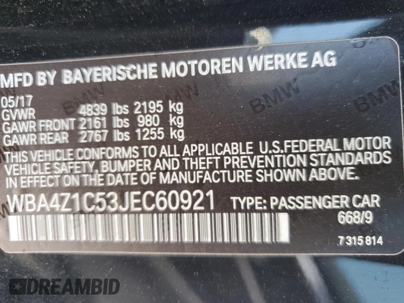 2018 BMW 4 Series 430i with VIN WBA4Z1C53JEC60921, listed as a Copart auction lot 50868155 with 76,229 mi miles and Salvage title. Bid and sale history available at DreamBid. Image 15.
