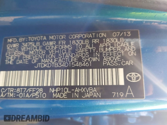 2013 Toyota Prius One with VIN JTDKDTB34D1548461, listed as a IAAI auction lot 42175935 with 197,175 mi miles and . Bid and sale history available at DreamBid. Image 9.