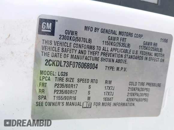2007 Pontiac Torrent with VIN 2CKDL73F076068004, listed as a IAAI auction lot 42106475 with 226,091 mi miles. Bid and sale history available at carsss.com. Image 9.