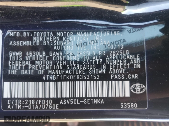 2014 Toyota Camry L with VIN 4T4BF1FK0ER353152, listed as a Copart auction lot 47064855 with 72,855 mi miles and Salvage Title. Bid and sale history available at carsss.com. Image 12.