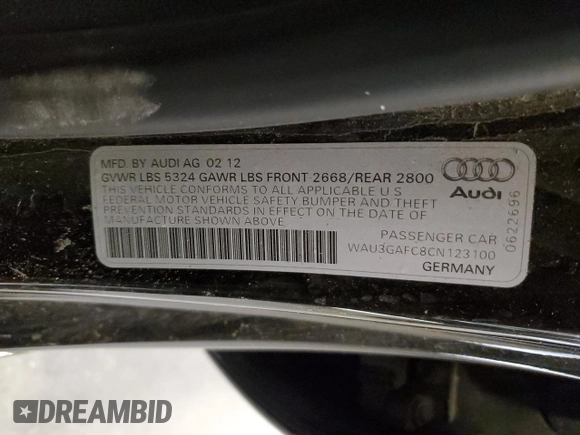 2012 Audi A7 Prestige с VIN WAU3GAFC8CN123100, выставлен на аукционе Copart как лот 59881965 с пробегом 102 213 миль миль и На запчасти • Non repairable. История ставок и продаж доступна на DreamBid. Изображение 12.