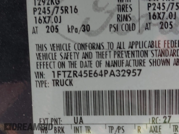 2004 Ford Ranger XL Fleet with VIN 1FTZR45E64PA32957, listed as a IAAI auction lot 41917139 with Not Provided miles and . Bid and sale history available at DreamBid. Image 9.