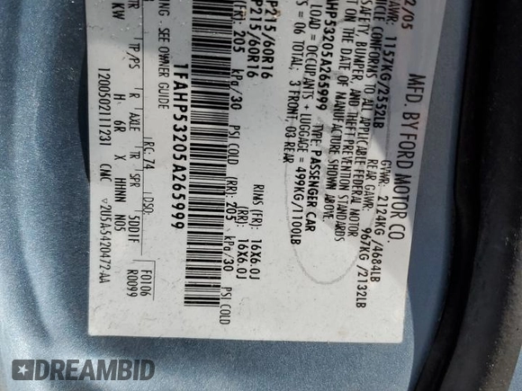2005 Ford Taurus SE with VIN 1FAHP53205A265999, listed as a Copart auction lot 53919385 with 178,560 mi miles and Salvage Title. Bid and sale history available at carsss.com. Image 12.