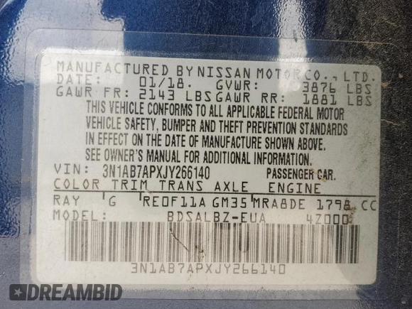 2018 Nissan Sentra S with VIN 3N1AB7APXJY266140, listed as a Copart auction lot 45557535 with 109,974 mi miles and Salvage Title. Bid and sale history available at carsss.com. Image 12.