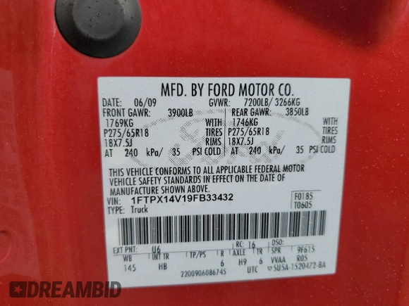 2009 Ford F-150 XL with VIN 1FTPX14V19FB33432, listed as a Copart auction lot 60972005 with 118,904 mi miles and Clean title. Bid and sale history available at DreamBid. Image 12.