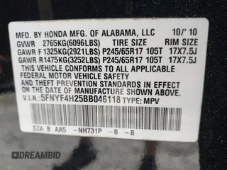 2011 Honda Pilot LX with VIN 5FNYF4H25BB046118, listed as a IAAI auction lot 42350486 with 357,025 mi miles and . Bid and sale history available at DreamBid. Image 9.