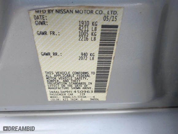 2015 Nissan Altima 2.5 SV with VIN 1N4AL3AP9FC450963, listed as a IAAI auction lot 40270304 with 125,603 mi miles. Bid and sale history available at carsss.com. Image 9.