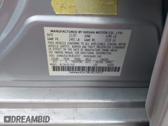 2008 Nissan Maxima 3.5 SL with VIN 1N4BA41E78C822057, listed as a IAAI auction lot 41236848 with 112,040 mi miles. Bid and sale history available at carsss.com. Image 9.