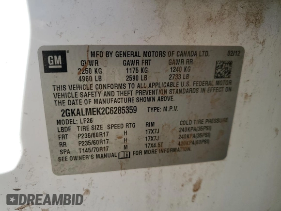 2012 GMC Terrain SLE-1 with VIN 2GKALMEK2C6285359, listed as a Copart auction lot 87320664 with 175,436 mi miles and Non Repairable. Bid and sale history available at carsss.com. Image 14.