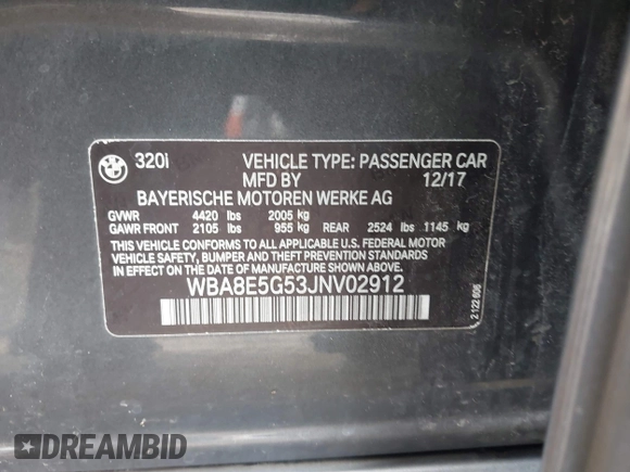 2018 BMW 3 Series 320i xDrive with VIN WBA8E5G53JNV02912, listed as a IAAI auction lot 41728125 with 108,916 mi miles. Bid and sale history available at carsss.com. Image 9.