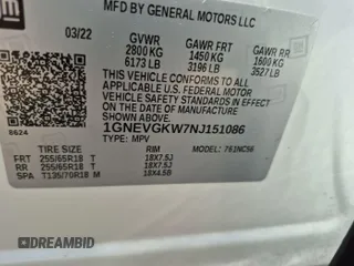2022 Chevrolet Traverse LT Cloth with VIN 1GNEVGKW7NJ151086, listed as a IAAI auction lot 42613997 with 80,287 mi miles and . Bid and sale history available at DreamBid. Image 5.