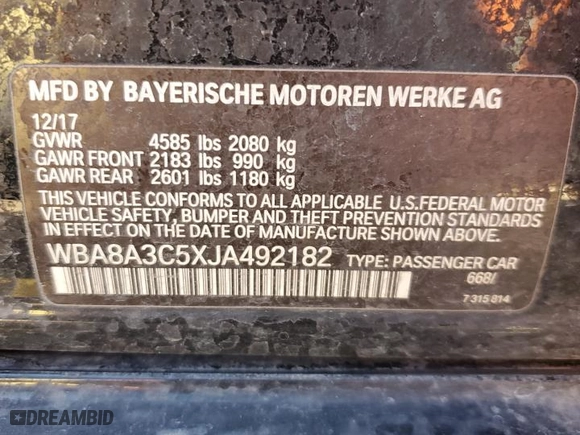 2018 BMW 3 Series 320i xDrive with VIN WBA8A3C5XJA492182, listed as a Copart auction lot 43421835 with 86,699 mi miles and Salvage Title. Bid and sale history available at carsss.com. Image 12.