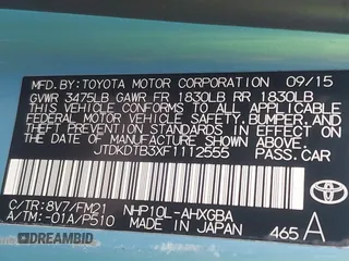 2015 Toyota Prius One with VIN JTDKDTB3XF1112555, listed as a IAAI auction lot 41655384 with 165,551 mi miles and . Bid and sale history available at carsss.com. Image 9.