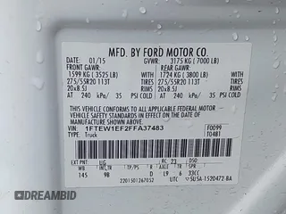 2015 Ford F-150 XLT with VIN 1FTEW1EF2FFA37483, listed as a IAAI auction lot 41489382 with 117,277 mi miles. Bid and sale history available at carsss.com. Image 9.