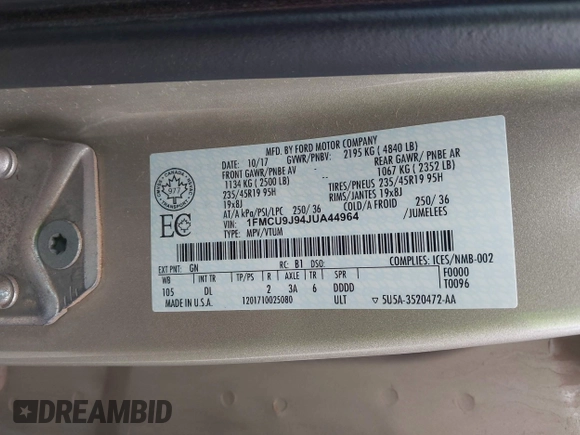 2018 Ford Escape Titanium with VIN 1FMCU9J94JUA44964, listed as a IAAI auction lot 42494471 with 100,955 mi miles and . Bid and sale history available at DreamBid. Image 9.