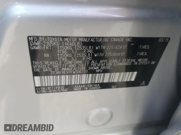 2015 Toyota RAV4 LE with VIN 2T3BFREV7FW306701, listed as a Copart auction lot 52756725 with 77,626 mi miles and Salvage Title. Bid and sale history available at carsss.com. Image 13.