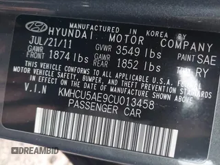 2012 Hyundai Accent SE with VIN KMHCU5AE9CU013458, listed as a IAAI auction lot 41475986 with 88,592 mi miles. Bid and sale history available at carsss.com. Image 9.