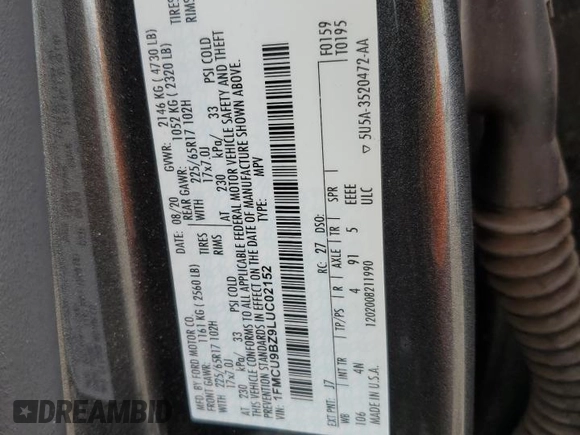 2020 Ford Escape SE Sport Hybrid with VIN 1FMCU9BZ9LUC02152, listed as a Copart auction lot 60737725 with 142,344 mi miles and Salvage title. Bid and sale history available at DreamBid. Image 14.