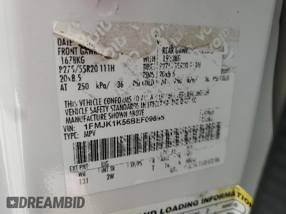 2011 Ford Expedition Max Limited with VIN 1FMJK1K56BEF09895, listed as a Copart auction lot 69820704 with 164,350 mi miles and Salvage title. Bid and sale history available at DreamBid. Image 15.
