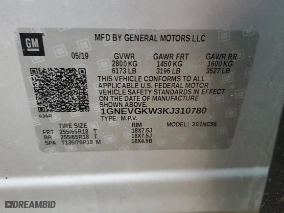 2019 Chevrolet Traverse LT Cloth with VIN 1GNEVGKW3KJ310780, listed as a Copart auction lot 47081205 with 96,989 mi miles and Clean Title. Bid and sale history available at carsss.com. Image 14.