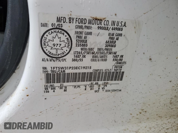 2003 Ford F-350 XL z VIN 1FTSW31P23EC19215, wystawiony jako Copart lot #87264274 z przebiegiem 290 656 mil mil oraz Nie do naprawy • Non repairable. Historia ofert i sprzedaży dostępna na DreamBid. Obrazek 13.