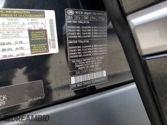 2017 Land Rover Range Rover with VIN SALGV5FE0HA328694, listed as a Copart auction lot 71303274 with 85,303 mi miles and Salvage title. Bid and sale history available at DreamBid. Image 12.