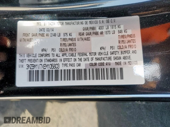 2014 Mazda 3 i Touring with VIN 3MZBM1V7XEM105803, listed as a Copart auction lot 61522095 with 85,551 mi miles and Salvage title. Bid and sale history available at DreamBid. Image 13.