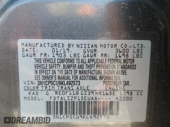 2019 Nissan Kicks S z VIN 3N1CP5CU9KL492573, wystawiony jako Copart lot #59094675 z przebiegiem 40 196 mil mil oraz Szkoda całkowita • Salvage title. Historia ofert i sprzedaży dostępna na DreamBid. Obrazek 13.