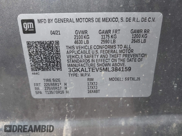 2021 GMC Terrain SLE с VIN 3GKALTEV5ML384159, выставлен на аукционе IAAI как лот 42347538 с пробегом 77 237 миль миль и . История ставок и продаж доступна на DreamBid. Изображение 9.