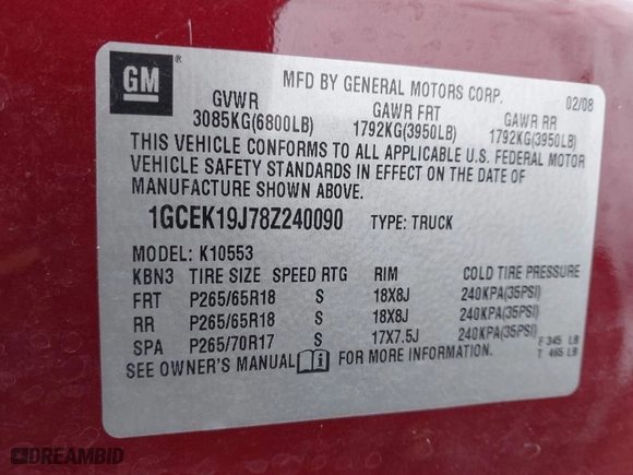 2008 Chevrolet Silverado 1500 LT w/1LT with VIN 1GCEK19J78Z240090, listed as a IAAI auction lot 41594962 with 91,260 mi miles. Bid and sale history available at carsss.com. Image 9.