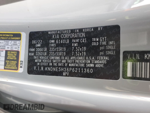 2023 Kia Carnival SX with VIN KNDNE5H36P6211360, listed as a Copart auction lot 88350205 with 52,145 mi miles and Salvage Title. Bid and sale history available at carsss.com. Image 13.