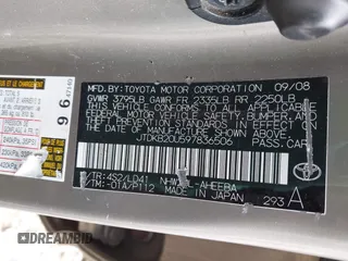 2009 Toyota Prius with VIN JTDKB20U597836506, listed as a IAAI auction lot 41869466 with 189,016 mi miles and . Bid and sale history available at DreamBid. Image 9.