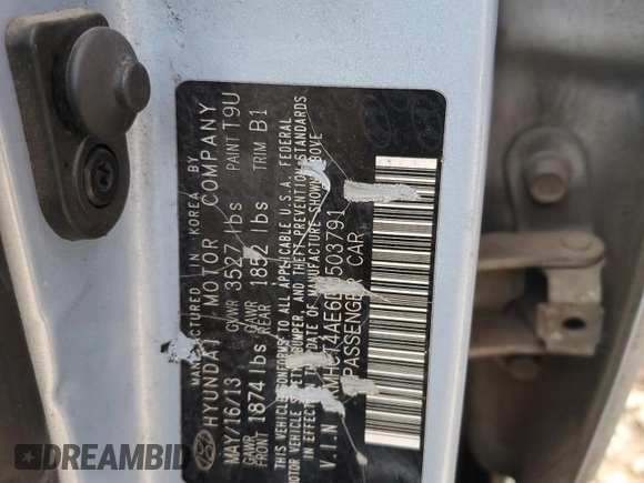 2013 Hyundai Accent GLS with VIN KMHCT4AE6DU503791, listed as a Copart auction lot 55525035 with 177,639 mi miles and Salvage title. Bid and sale history available at DreamBid. Image 13.