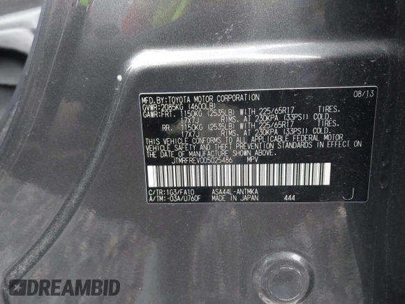 2013 Toyota RAV4 XLE with VIN JTMRFREV0D5025486, listed as a IAAI auction lot 41936554 with 71,473 mi miles and . Bid and sale history available at DreamBid. Image 9.