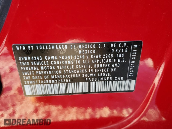 2016 Volkswagen Jetta Sedan 2.0T GLI SE with VIN 3VW5T7AJ8GM226398, listed as a Copart auction lot 41458415 with 105,810 mi miles and Salvage Title. Bid and sale history available at carsss.com. Image 12.