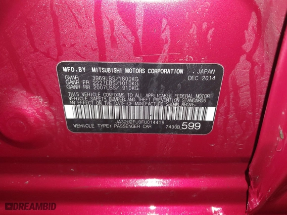 2015 Mitsubishi Lancer ES with VIN JA32U2FU0FU014418, listed as a IAAI auction lot 41489892 with 55,599 mi miles. Bid and sale history available at carsss.com. Image 9.