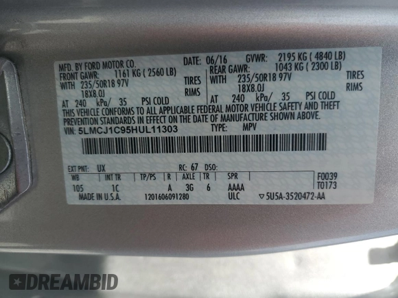 2017 Lincoln MKC Premiere z VIN 5LMCJ1C95HUL11303, wystawiony jako Copart lot #58263945 z przebiegiem 82 628 mil mil oraz Szkoda całkowita • Salvage title. Historia ofert i sprzedaży dostępna na DreamBid. Obrazek 14.