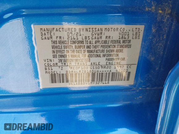 2021 Nissan Sentra SR z VIN 3N1AB8DV1MY327668, wystawiony jako IAAI lot #42087539 z przebiegiem 74 853 mil mil oraz . Historia ofert i sprzedaży dostępna na DreamBid. Obrazek 9.