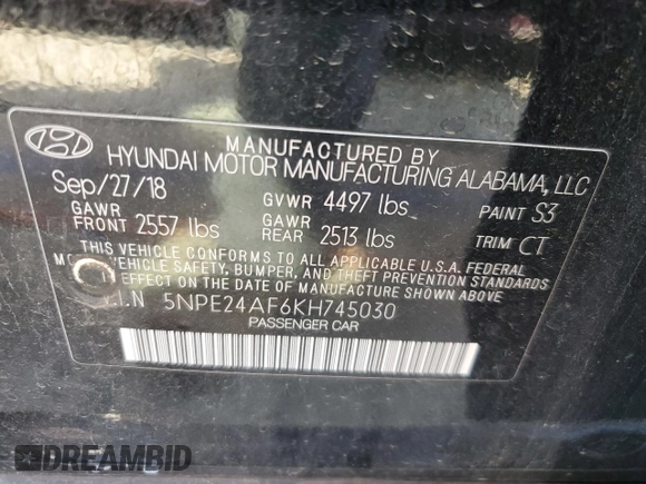 2019 Hyundai Sonata SE with VIN 5NPE24AF6KH745030, listed as a Copart auction lot 51010865 with 68,993 mi miles and Salvage Title. Bid and sale history available at carsss.com. Image 12.