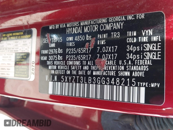 2016 Hyundai Santa Fe z VIN 5XYZT3LB3GG348215, wystawiony jako IAAI lot #41917143 z przebiegiem 121 873 mil mil oraz . Historia ofert i sprzedaży dostępna na DreamBid. Obrazek 9.