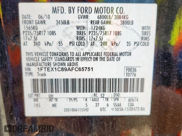 2010 Ford F-150 XL with VIN 1FTEX1C89AFC65751, listed as a Copart auction lot 60887175 with 189,616 mi miles and Clean title. Bid and sale history available at DreamBid. Image 12.